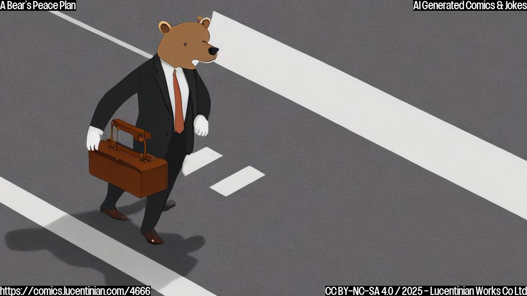 A simple cartoon of a bear wearing a suit and tie, crossing a road, carrying a briefcase.  The road is light gray, the bear is brown, and the background is a plain light blue. The style should be minimalist, using only solid colors.