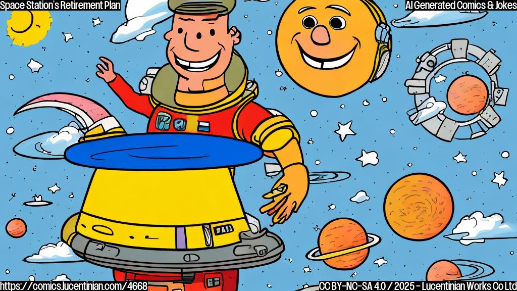 A cartoon drawing of a cheerful space station with large windows, smiling, waving goodbye, and wearing a retirement hat. The sky is plain blue. The style is a flat color illustration.