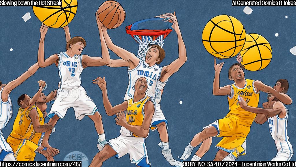 A cartoon of a basketball player (Luka) in mid-air, dribbling a ball while surrounded by defenders, with a "cold" thermometer nearby and a "hot" thermometer on the other side. The background should be a blurred stadium scene with a few spectators looking confused.