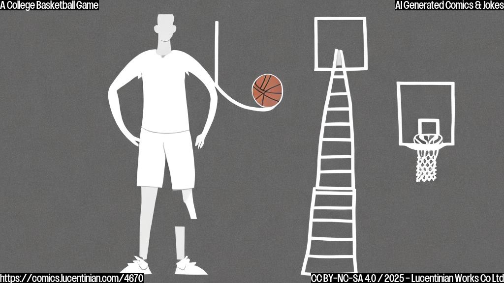 A simple cartoon of a basketball player holding a ladder near a basketball hoop with a plain background. The cartoon style should be simple and use only a few colors. The basketball player is depicted as a tall, thin figure with exaggerated limbs. The ladder is tall and made of simple lines. The hoop is a simple circle with a net.