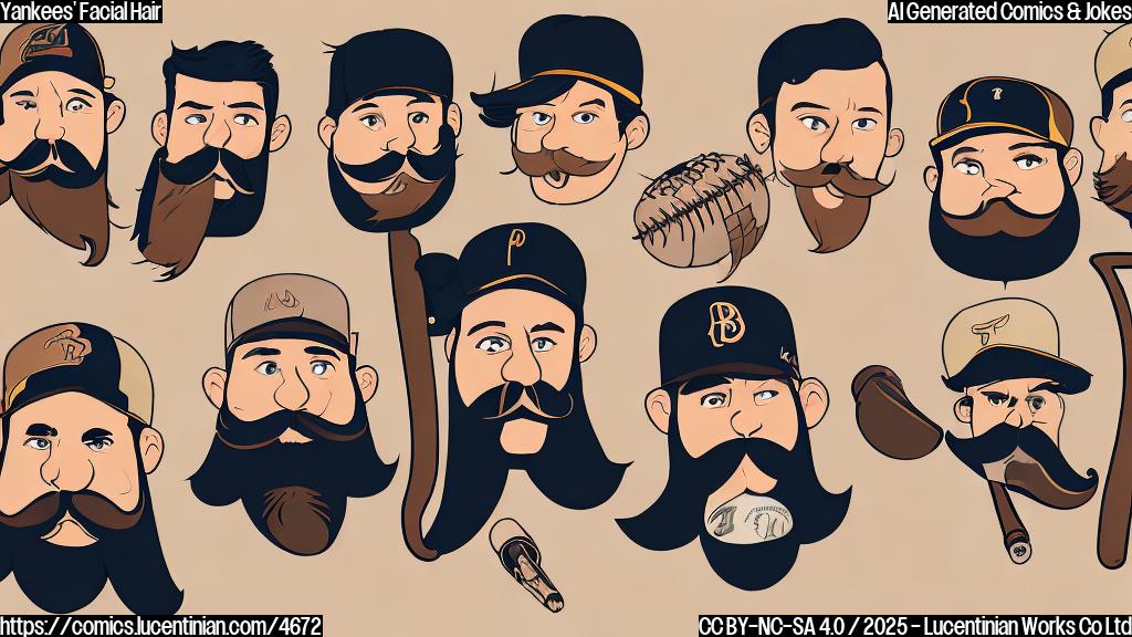 A cartoon drawing of a group of baseball players with various styles of beards and mustaches, looking slightly embarrassed, giving a press conference in front of a large microphone and a backdrop.  The style should be simple, using only a few flat colors. The background color should be a light beige.