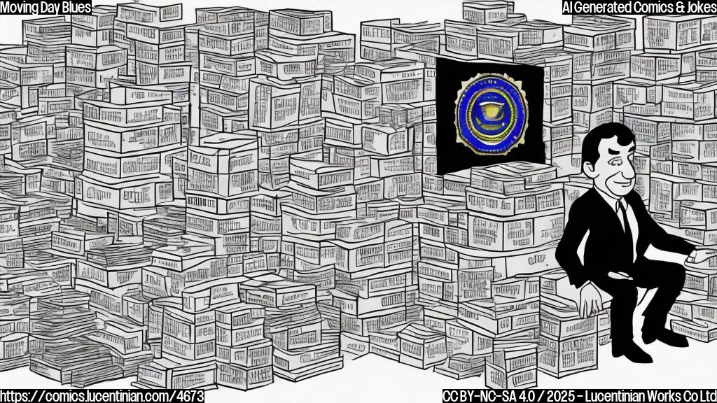 A cartoon drawing in plain colors of a tired person, in a FBI uniform, sits surrounded by boxes labeled "FBI Files", looking overwhelmed and slightly grumpy. The background is a plain light grey. The style should be simple and easily understandable.