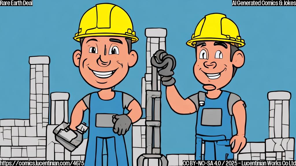 A cartoon of a smiling miner in a hard hat, carrying a ladder, standing in front of a large white building with columns.  The style is simple, flat colors, and no shading. The miner and building are in a plain pale blue background.