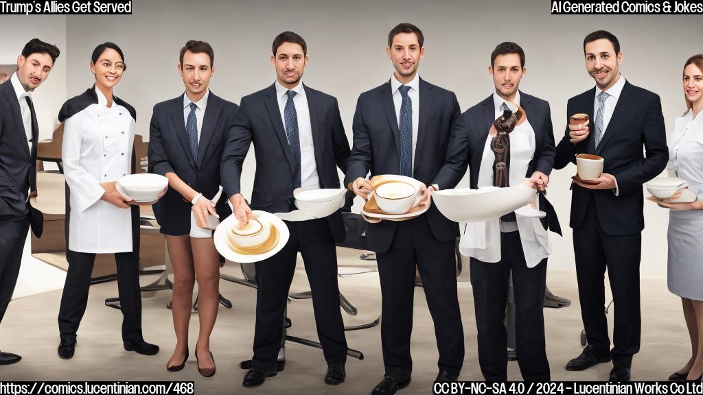 A group of lawyers in suits are standing in front of a coffee cup with a chef's hat on it, looking frustrated. The coffee cup has a judge's gavel on its side.