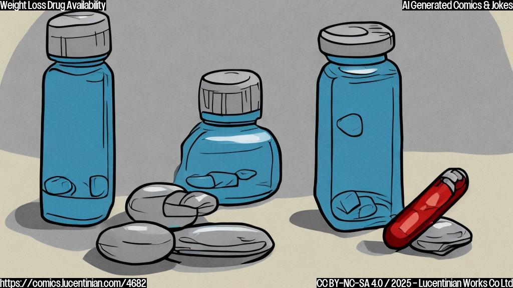 A cartoon drawing in plain colors of a stylized weight loss drug bottle sitting on a therapist's couch, looking sad.  The background is a plain light blue color.