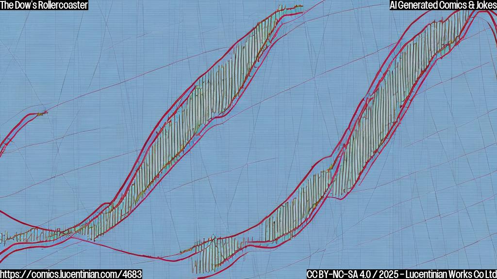 A simple cartoon of a line graph representing a stock market index going up and down dramatically. The line graph is shaped like a rollercoaster, with several sharp peaks and valleys. The cartoon should be in a plain color style with a single color for the background, and the line graph should be a different color.