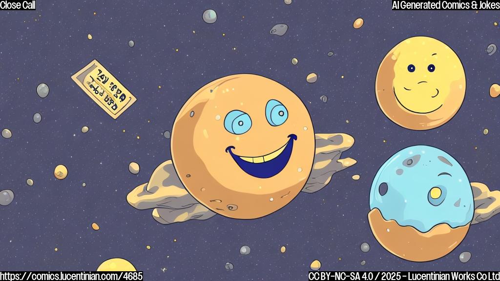 A cartoon asteroid with a smiling face wearing a speeding ticket that is attached to its rocky surface. Plain color style.