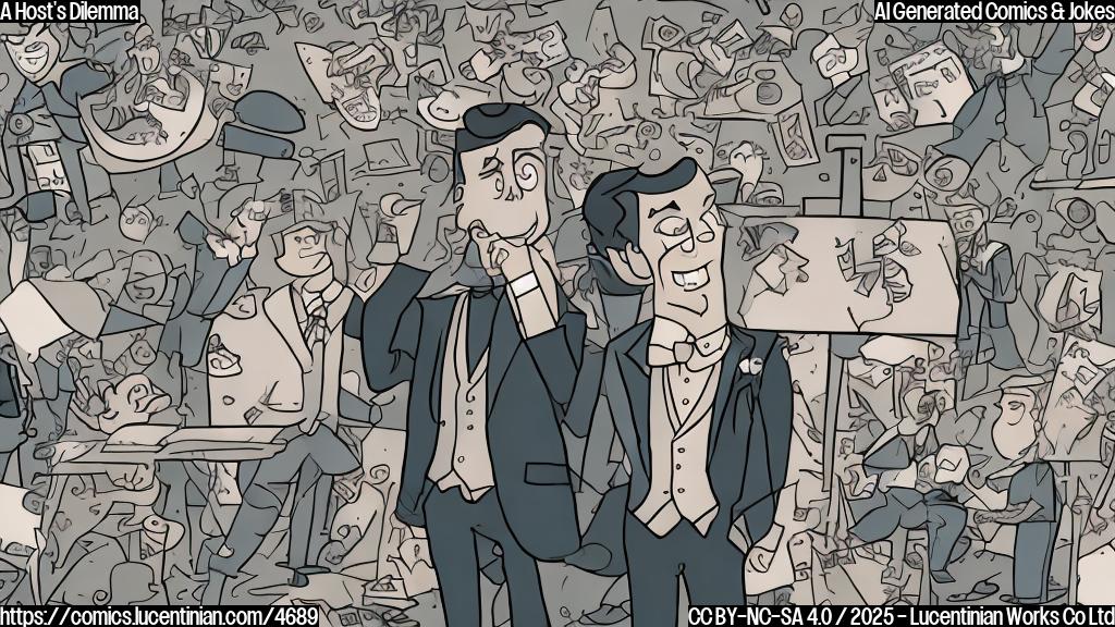 A cartoon drawing in plain colors of a person in a suit and bow tie looking stressed in a crowded backstage area with various props and equipment scattered around. The style should be simple and minimalist. The colors should be muted and slightly desaturated, with a focus on a limited palette.