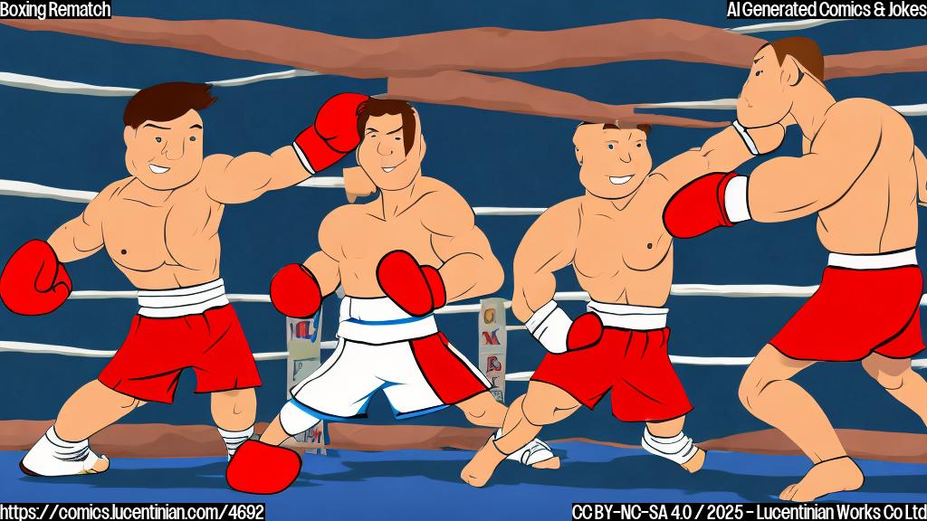 A cartoon drawing of a cartoon boxer character with a ladder in a boxing ring, plain colors, simple background