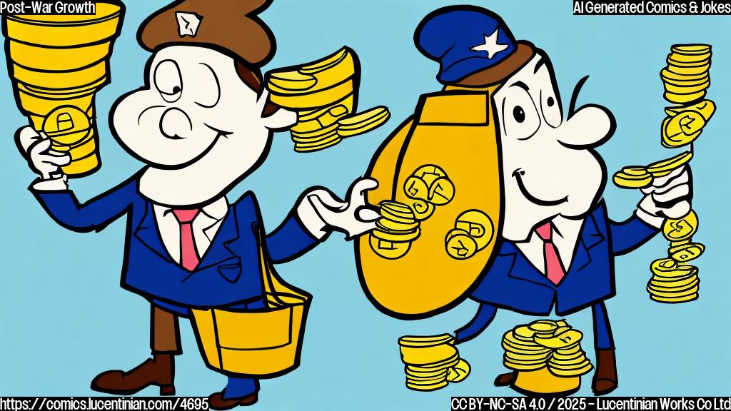 A cartoon of a simple, plain-colored drawing of a happy-looking economy character, represented by a stylized figure resembling a rising graph, receiving a large bag of money. The style should be minimalist and devoid of any specific brand or logos. The color palette should be limited to shades of blue, green, and yellow.