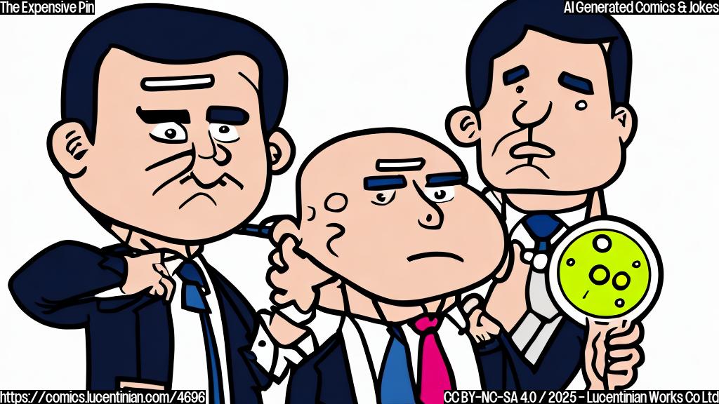 A cartoon drawing in plain colors of a sad-looking businessman holding up a tiny, shiny, AI-enabled pin. The pin should be exaggeratedly large compared to the businessman's hand. The businessman is wearing a suit. The background should be a plain pale yellow.