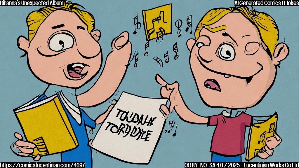 A cartoon drawing in a plain color style of a surprised person with many question marks above their head, holding a music album with the title "Tuesday Surprise" in simple font.