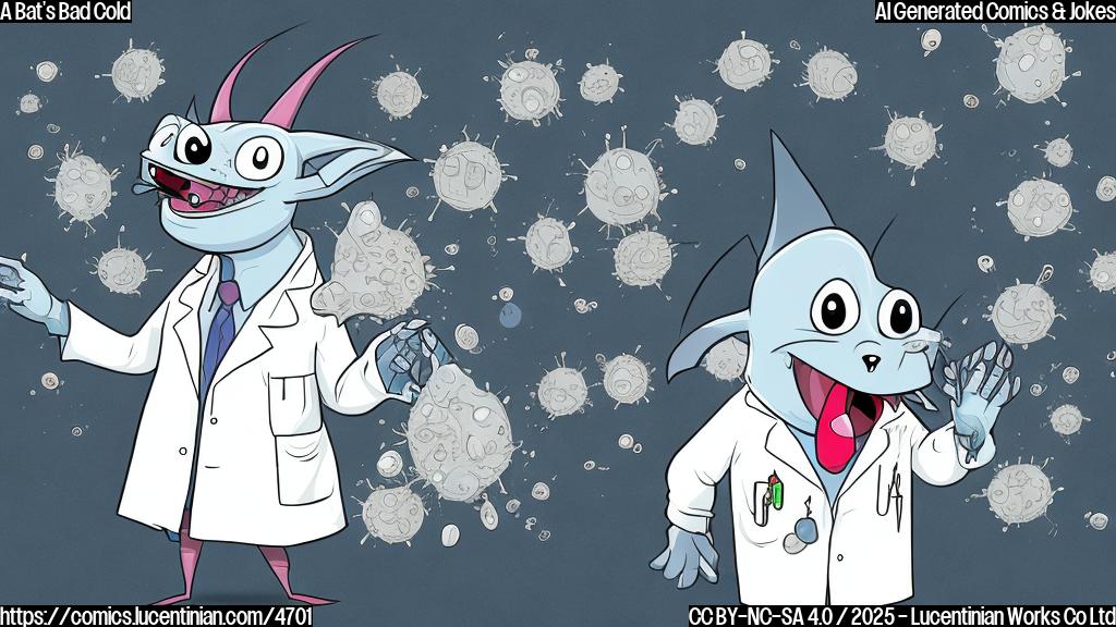 A cartoon bat wearing a lab coat, sneezing, with cartoon viruses flying out of its nose. Simple line art, plain colors.