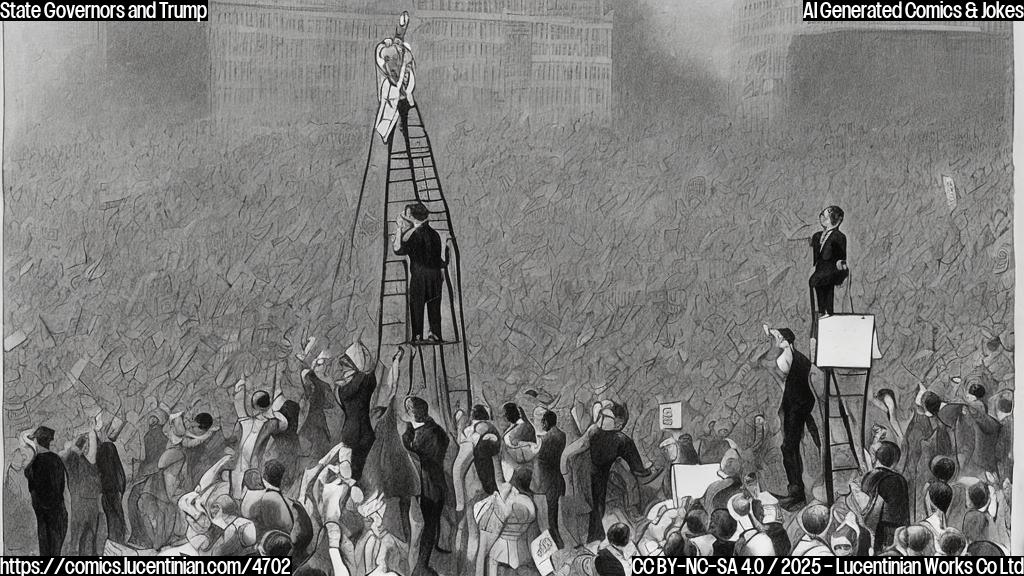 A plain color cartoon of a governor in a suit standing on a ladder, holding binoculars and looking at a large crowd of people protesting. The scene should be simple and have a lighthearted tone.