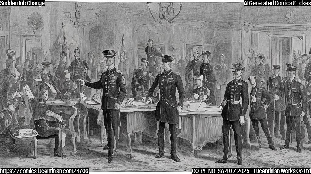 A cartoon drawing in plain colors, showing a stern-looking military officer in uniform standing sadly by a desk with a "FIRED" sign on it,  with a group of people in suits whispering and pointing in the background. The overall tone should be slightly humorous.