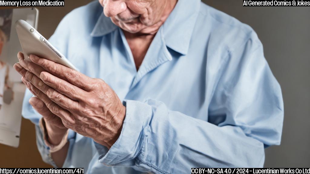 A person in their 50s, middle-aged, with a worried expression, holding a tablet with various medication labels and looking at a photo of themselves from earlier years with a hint of forgetfulness. The background is a blurred memory lane with old photos and memories.