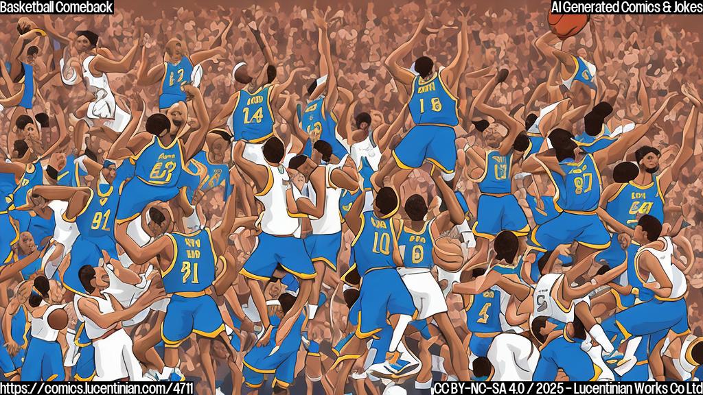 A cartoon drawing of a basketball team jumping and celebrating, in simple colors, without any background.