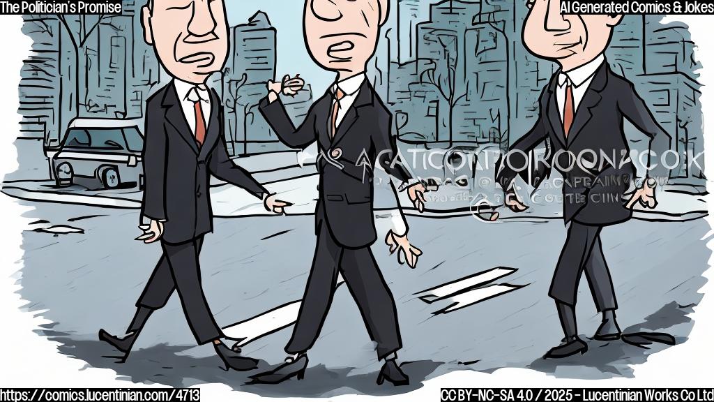 A simple cartoon drawing of a politician in a suit crossing a road. The road should be drawn in a simple way, and the background should be a plain color, such as light blue. The politician should have a determined expression on his face. The style should be plain color cartoon.