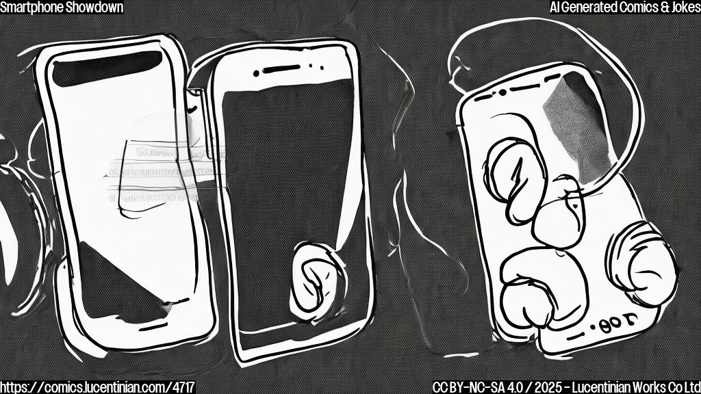 A simple cartoon drawing of a sleek, modern smartphone facing off against a slightly older, more rugged-looking smartphone in a boxing ring. Both phones have simple, plain faces, without any logos or branding.  The background should be a solid, light blue color.