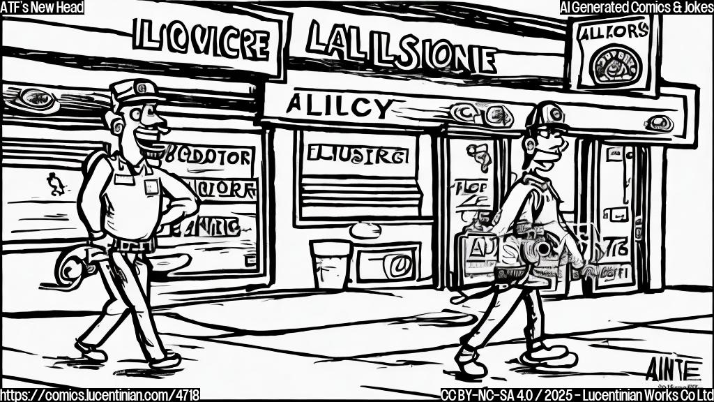 A cartoon drawing in plain colors of an ATF agent, wearing a uniform with a badge, carrying a ladder, smiling broadly, walking towards a liquor store. The style should be simple and clean, with no background. The liquor store should be represented by a simple storefront with a sign that says "Liquor Store".