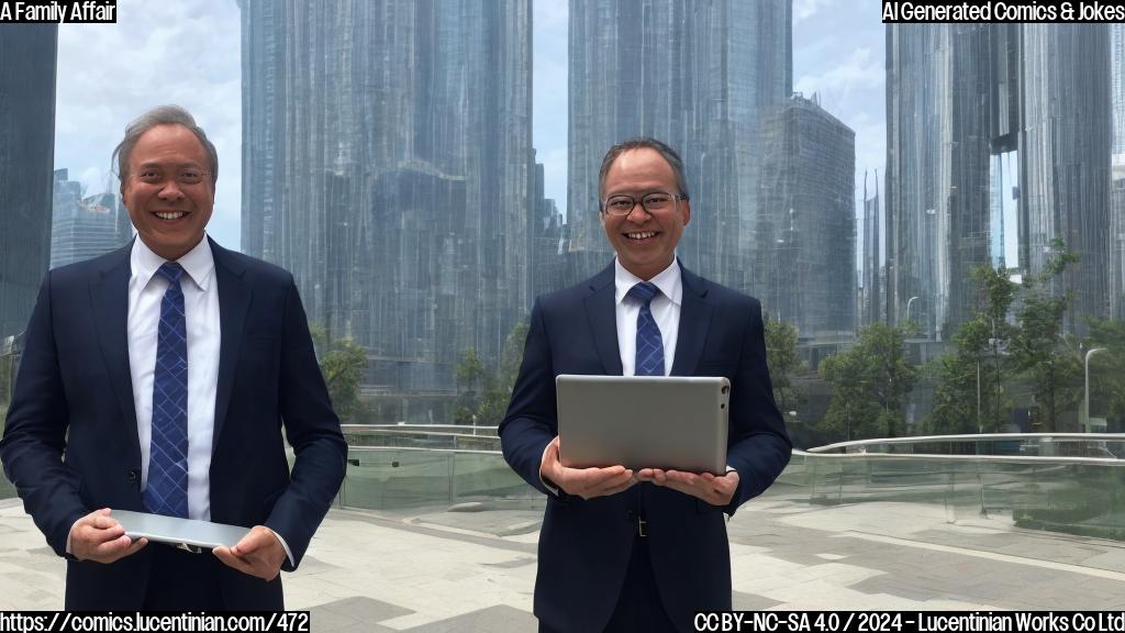 A smiling, middle-aged man with a briefcase in one hand and a tablet in the other, standing in front of a large, gleaming skyscraper. His hair is short and neatly combed, and he has a friendly, approachable expression on his face.