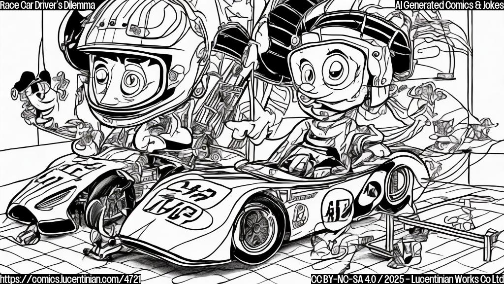 A cartoon drawing of a race car driver, wearing a racing suit and helmet, looking perplexed while holding a ladder next to a cartoon race car with a very high finish line.  The style should be simple, single color, line art.