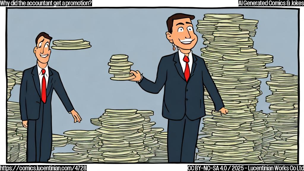 A cartoon of a smiling accountant wearing a suit and tie, standing in front of a large pile of money that is magically shrinking. The cartoon is in a plain color style.