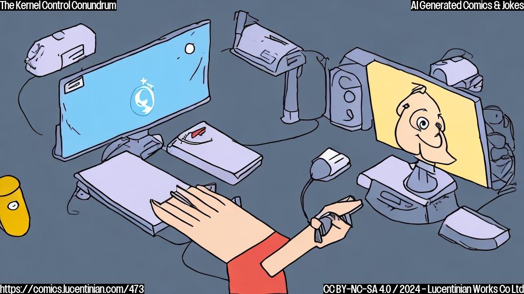 Draw a simple, cartoon-style picture of a person (developer) sitting in front of a computer with a smartphone next to it. The developer should be holding a tablet or laptop with PC games on the screen and wearing a controller-like device on their hand with a kernel logo on it.