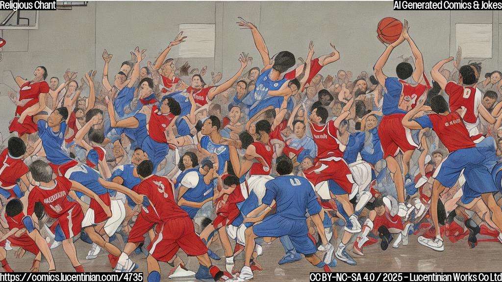 A cartoon drawing in plain colors of two basketball teams playing a game. One team is wearing red uniforms and the other is wearing blue uniforms. The game is tense, and the players look exhausted. In the background, a crowd of people is shown, some of them chanting. The drawing style should be simple and expressive.