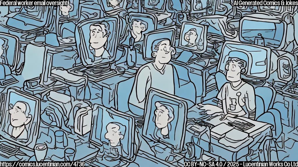 A cartoon drawing in plain colors of a person sitting at a computer looking confused, surrounded by many mirrored reflections of themselves, all looking equally confused. The background is a plain light blue.