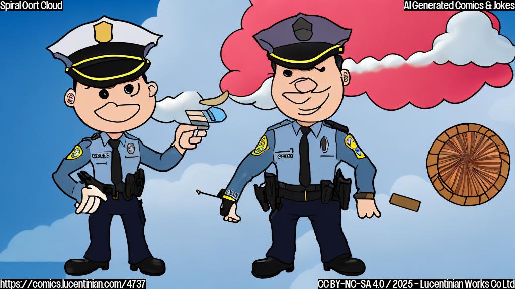 A cartoon of a police officer writing a ticket to a spiral shaped cloud. The police officer is a simple round figure with stick arms and legs and a hat. The cloud is a simple light blue spiral. The background is plain white.