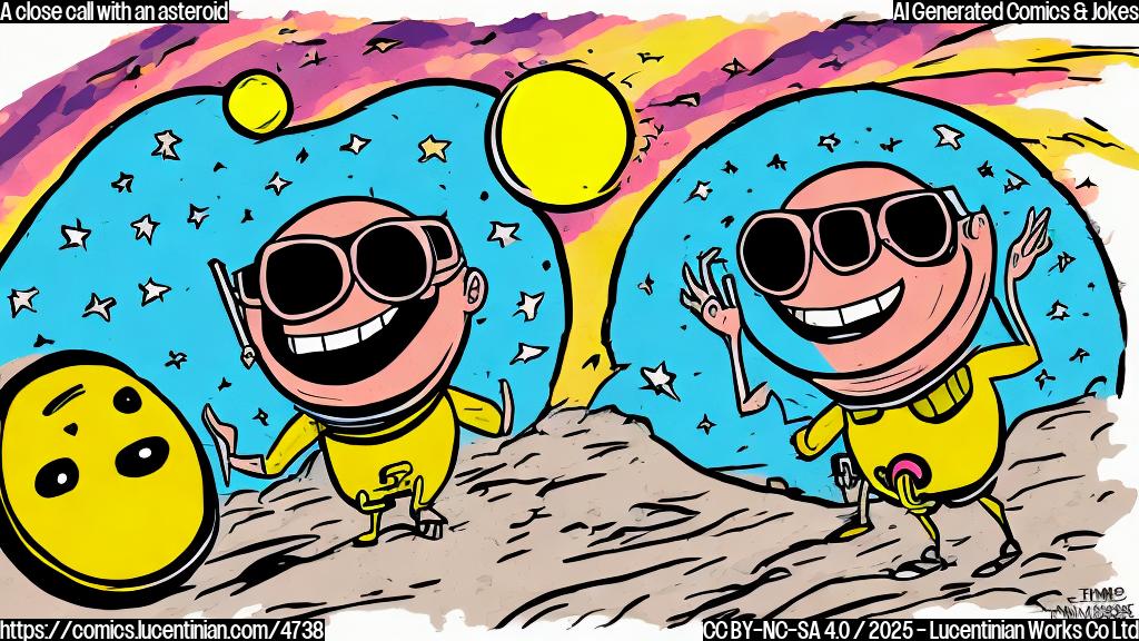 A cartoon drawing in plain colors of an asteroid with a big happy face, wearing sunglasses and waving to a small planet.