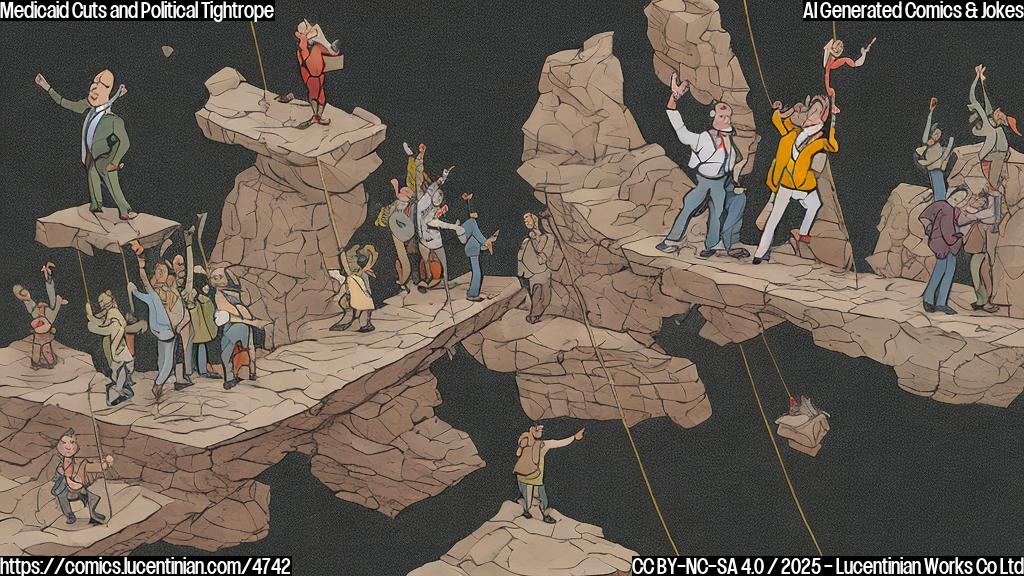 A cartoon of a politician balancing on a tightrope high above a chasm labeled "Unpopularity," with small figures representing constituents clinging to the rope. Simple, flat colors, no backgrounds.