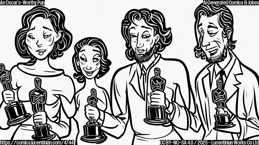 A cartoon drawing in plain colors of two stylized actors, one with a sad expression, and the other with a happy expression, holding an Oscar trophy, and some other award.