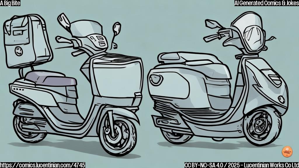 A simple cartoon drawing in plain colors of a large friendly-looking money bag smiling next to a smaller cartoon of a food delivery scooter; the food delivery scooter seems slightly surprised but happy. The background should be a plain light blue.  The style should be minimalist.