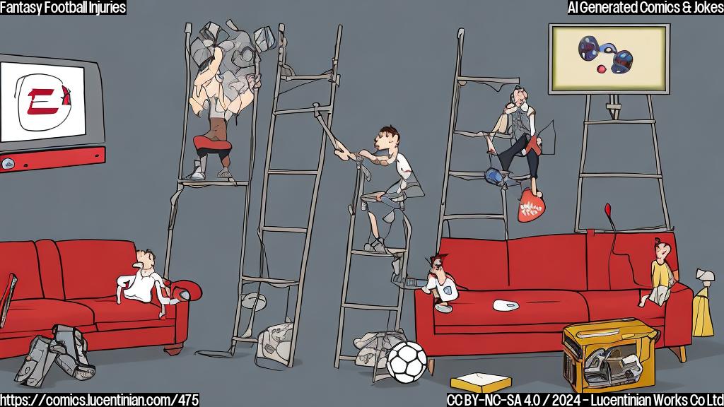 A cartoon of a person sitting on a couch, surrounded by sports equipment and TV screens, with a ladder leaning against the wall behind them. The person is holding a tablet and looking disappointed, while the ladder has a football on top of it with an "elevated" sign.
