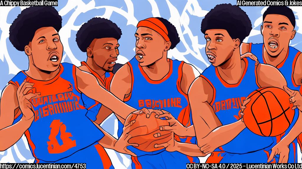 A cartoon illustration of two basketball players, one in blue and one in orange uniforms, arguing over a basketball.  Simple, flat colors, no shading, and a plain background. The players should have exaggerated expressions of competitiveness.