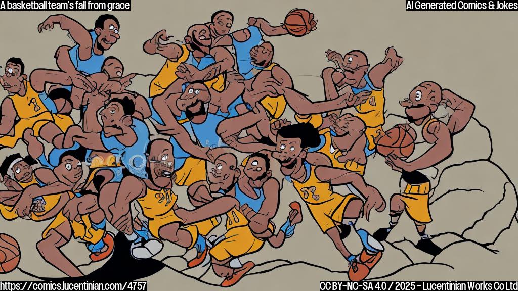 A simple cartoon drawing in plain color of a basketball team falling down a mountain. The players should be dressed in the team's uniform, and the mountain should be drawn simply as a steep incline. The style should be minimalist and amusing.