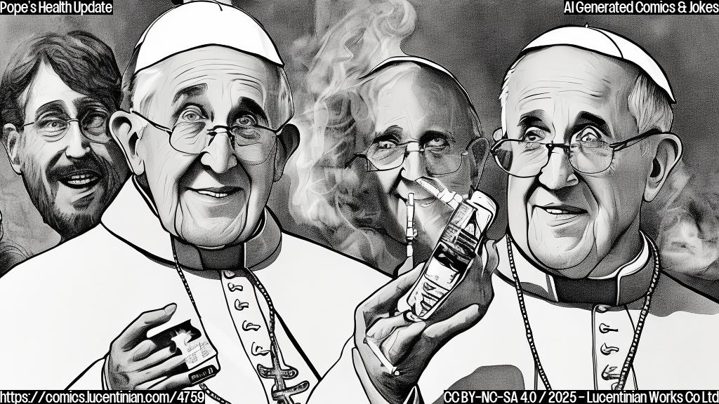 A cartoon drawing in plain colors showing a cartoon Pope with a slightly surprised expression, holding a new inhaler, and a doctor in the background smiling. The style should be simple and childlike.