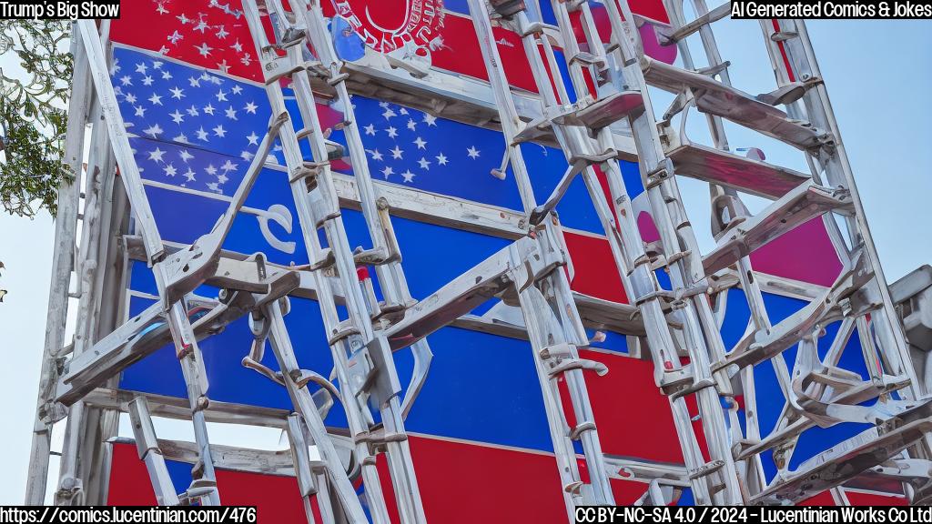 A giant, colorful ladder with rungs labeled "Hype", "Divide", and "Conquer" stands in front of the iconic arena's entrance, with a bright spotlight shining down on it. The ladder is adorned with American flags and presidential campaign buttons.
