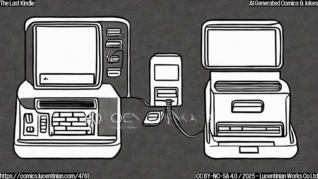 A simple cartoon drawing of a sad-looking old electronic book reader (e-reader) with a USB port and a small USB thumb drive plugged into it. The e-reader should be represented in solid colors (no gradients) and have a simple design. The background should be plain white. The overall style should be reminiscent of early 2000s cartoons.