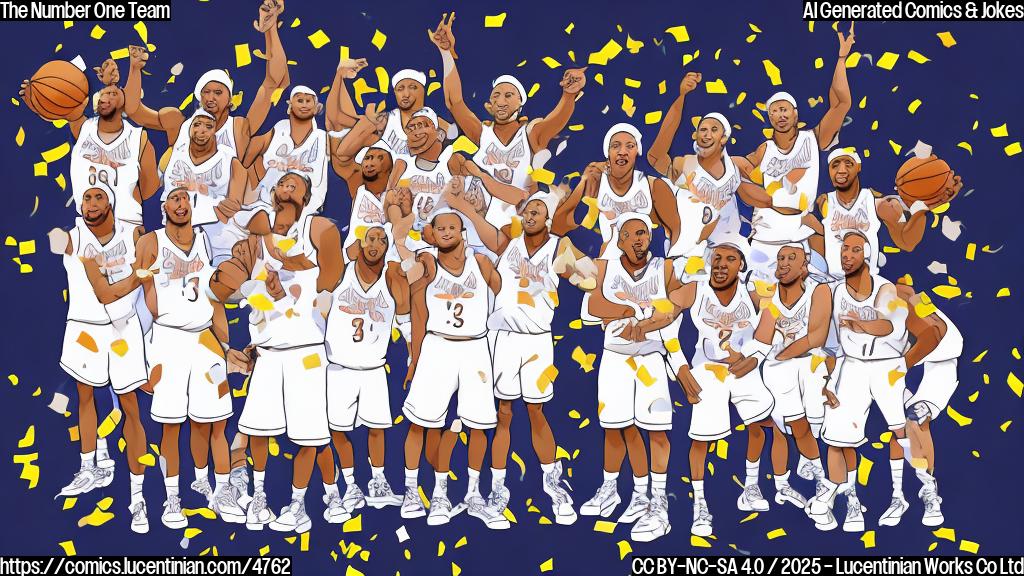 A simple cartoon drawing in plain colors of a basketball team in celebratory poses with confetti falling around them. The players should be stylized in a simple, cartoonish manner, and their uniforms should be a single color. The background should be a plain color, matching one of the team colors.