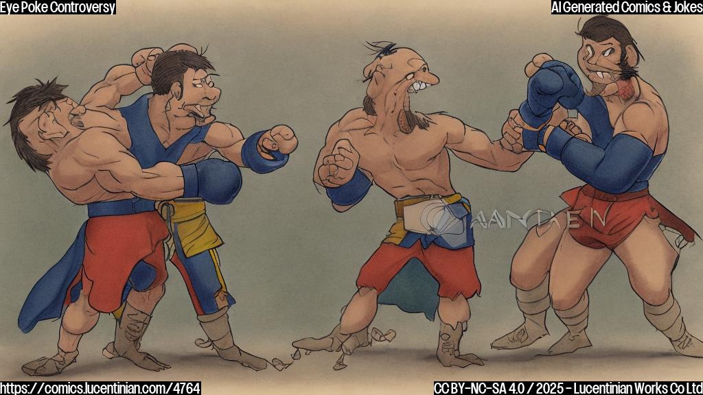 A cartoon drawing of two fighters in a fighting ring, one with a hand near the eye of the other. One of the fighter has a surprised expression, while the other one has a smug expression. Plain colors only.