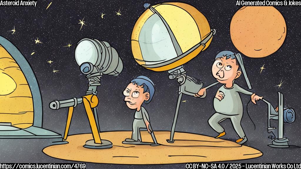 A simple cartoon of a worried-looking astronomer in a dome observatory, sweat dripping from his brow, pointing dramatically at a star chart; a small, mischievous-looking alien peeking out from behind a telescope. Plain color, no background.