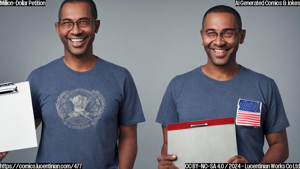 a smiling man in his 40s holding a clipboard and wearing a Constitution-themed t-shirt with a suitcase or envelope next to him
