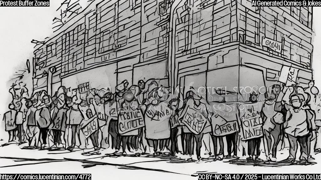 A simple cartoon drawing in plain colors, showing a group of protestors in front of a building. The building should have a sign with "abortion clinic" on it. The protestors are standing behind a line that acts as a buffer zone. One protestor looks sad because they were too close to the building.  The style should be minimalist and clear.