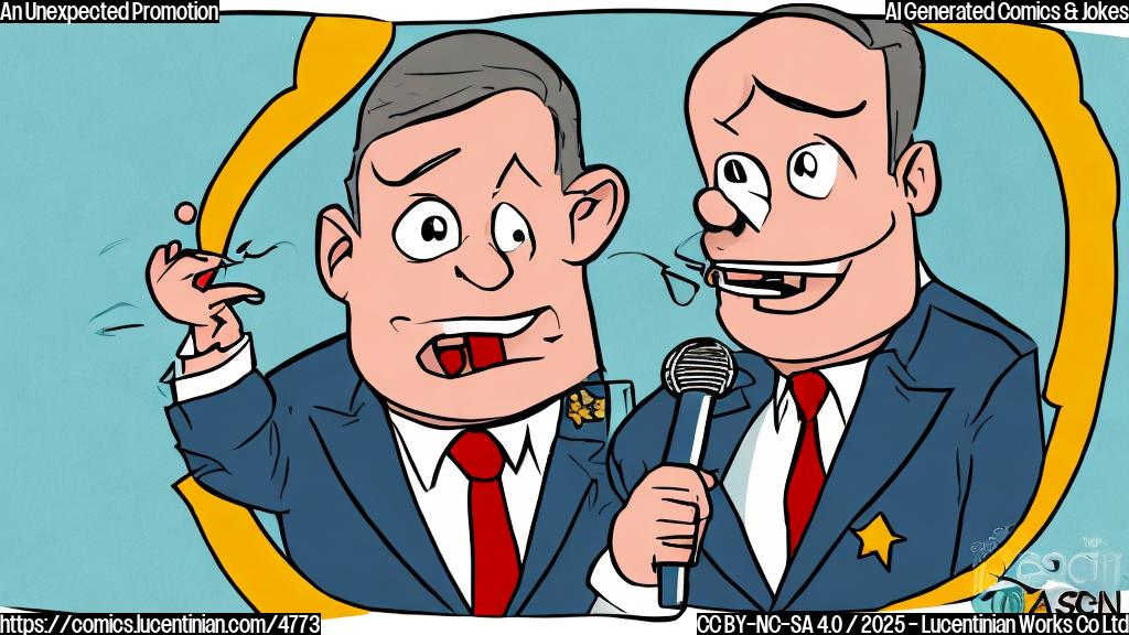 A cartoon drawing of a plain color style, showing a surprised looking man in a suit, holding a microphone, looking at the viewer, with thought bubble above his head showing a badge with a star, the background is in a plain color.