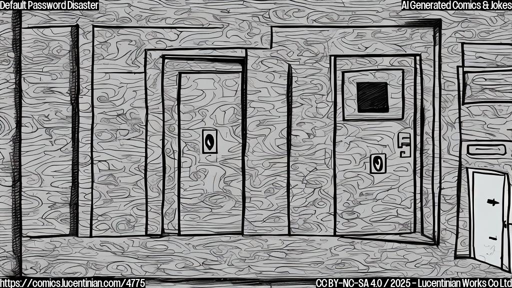 A cartoon drawing of a simple apartment building with a large, unlocked door. The door has a keyhole with a simple text box above it that reads "password123". The style should be plain color, with a single color background.