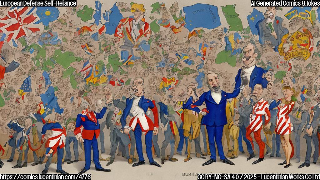 A cartoon of a group of cartoonish European leaders, wearing different colored suits and looking determined, standing around a large map of Europe, with a small cartoon of Uncle Sam in the background waving goodbye.