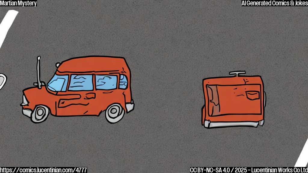 A simple cartoon drawing of a small, rusty rover parked illegally near a sign that says "No Parking". The drawing should be in a single muted red-orange color, with black outlines.